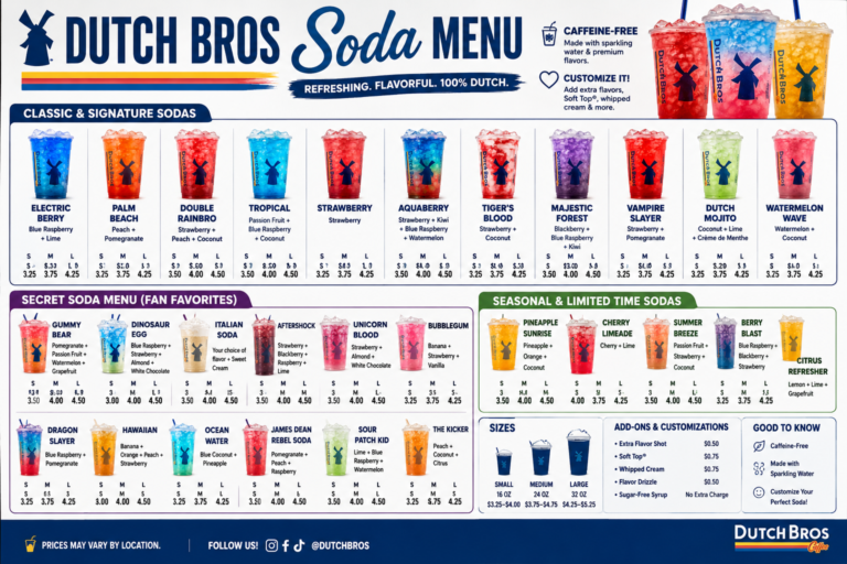 Dutch Bros Soda Menu Prices (2026 Updated): Complete Flavors, Sizes, Calories & Secret Drinks