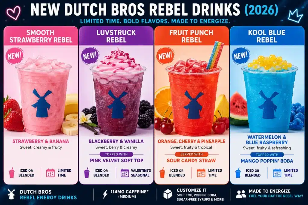 New Dutch Bros Rebel Drinks (2026) by menu guide
